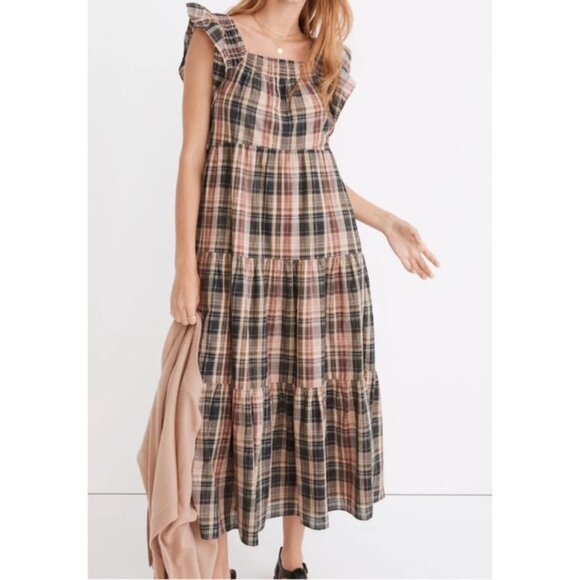 Madewell Flutter-Sleeve Tiered Midi Dress in Plaid - Picture 1 of 5